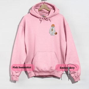 Embroidered Ghost Pumpkin Hoodie: Unisex Halloween Coffee Sweatshirt