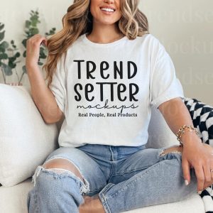 Gildan 5000 White Tshirt Mockup, G5000 White Shirt Mock-up, Oversized G500 Tee Mock, Real Person Model, Trendy Checkered Minimalist PNG