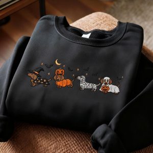 Dachshund Halloween Embroidered Sweatshirt, Cute Dog Costume Crewneck, Spooky Season Fall Dog Shirt, Wiener Dog Lover Tee, Dog Mom Shirt